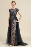 Dark Grey A Line Tulle Beaded Glitter Mother of Bride Dress