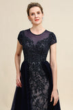 Navy A Line Tulle Beaded Glitter Mother of Bride Dress
