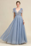 Grey Blue A Line Beading Glitter Mother of Bride Dress