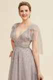 Grey A Line Beading Glitter Mother of Bride Dress