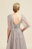 Grey A Line Beading Glitter Mother of Bride Dress