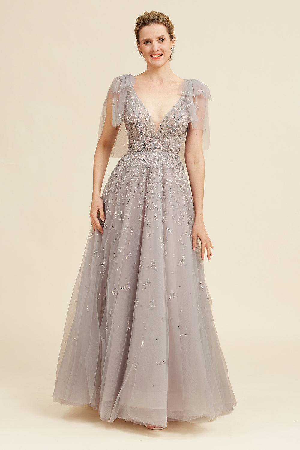 Grey A Line Beading Glitter Mother of Bride Dress
