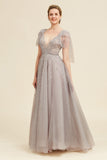Grey A Line Beading Glitter Mother of Bride Dress