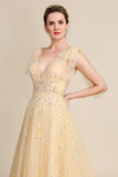 Yellow A Line Beading Sparkly Mother Of Bride Dress
