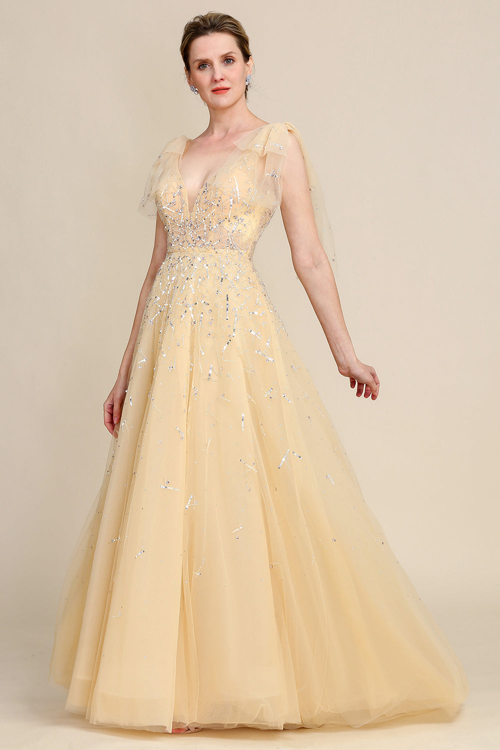 Yellow A Line Beading Sparkly Mother Of Bride Dress