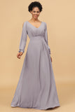 Long Sleeves V-Neck Chiffon Bridesmaid Dress with Bowknot