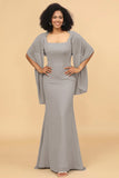 Mermaid Square Neck Long Chiffon Bridesmaid Dress with Cape