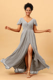 A-Line V Neck Ruched Long Chiffon Bridesmaid Dress with Slit