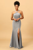 Mermaid Halter Long Chiffon Bridesmaid Dress with Slit