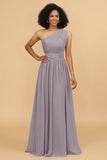 A Line One Shoulder Long Chiffon Bridesmaids Dress with Ruffles