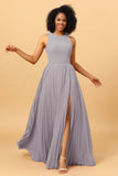 A Line High Neck Pleated Long Chiffon Bridesmaid Dress with Ruffles