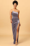 Mermaid One Shoulder Long Velvet Bridesmaid Dress with Slit