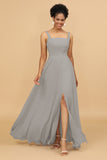 Sheath Square Neck Floor Length Chiffon Bridesmaid Dress