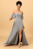 A Line Off the Shoulder Long Chiffon Bridesmaid Dress with Slit