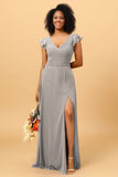 A Line V Neck Strapless Long Chiffon Bridesmaid Dress With Slit