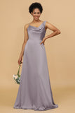 A Line Asymmetrical Neck Satin Floor Length Bridesmaid Dress