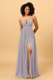 A Line V Neck Spaghetti Straps Chiffon Bridesmaid Dress with Slit