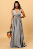 A Line V Neck Pleated Floor Length Long Chiffon Bridesmaid Dress