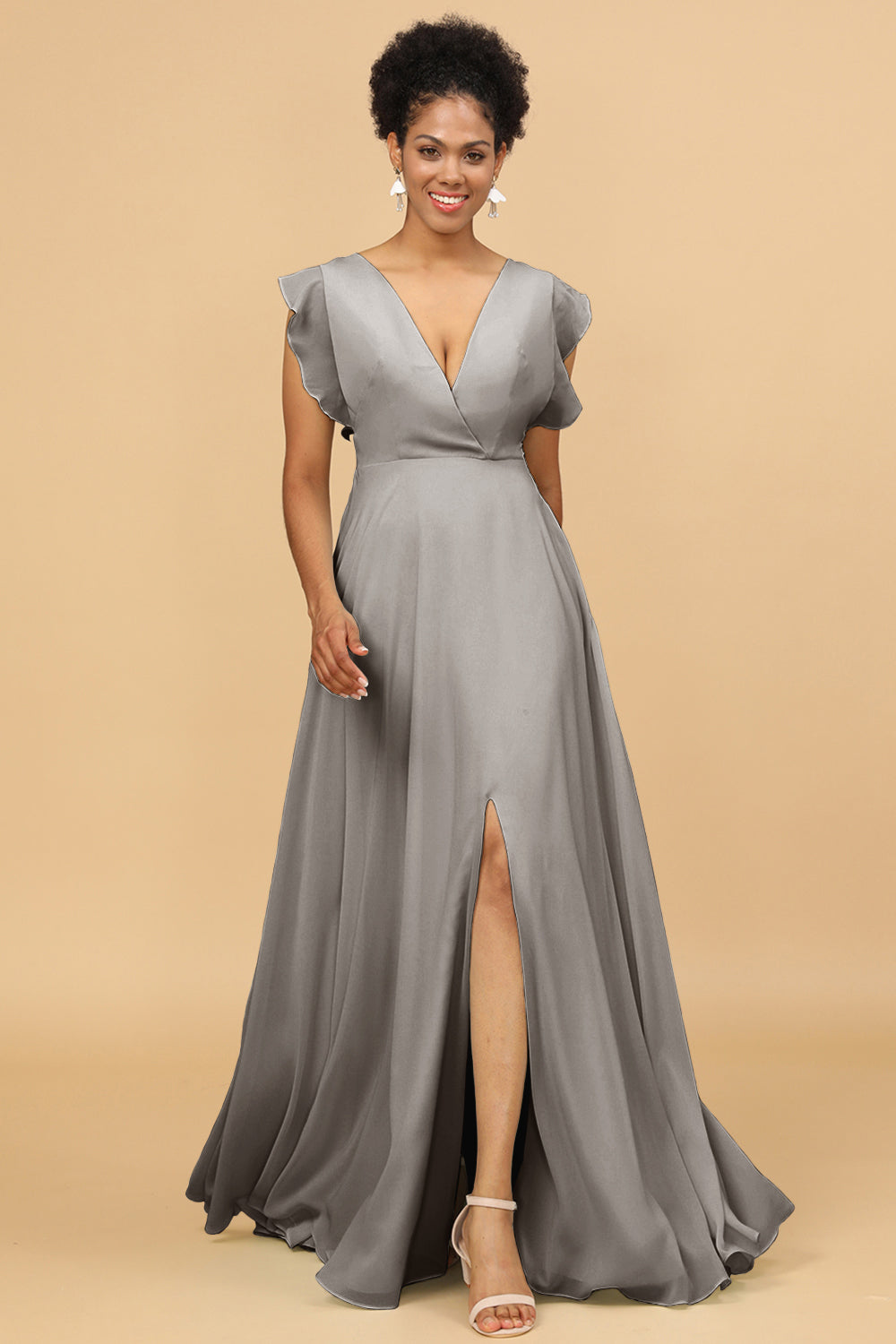 Wedtrend Women V-Neck Long Chiffon Bridesmaid Dress with Slit Wedding Party Dress, Silver Wedtrend Women V-Neck Long Chiffon Bridesmaid Dress with Slit Wedding Party Dress, Silver