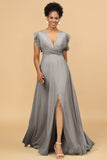 A Line V-Neck Floor Length Chiffon Bridesmaid Dress with Slit