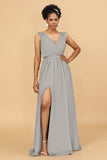 A Line Ruched V-Neck Sleeveless Chiffon Bridesmaid Dress with Slit