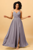 Ruched Long Floor Length Chiffon Bridesmaid Dress with Slit