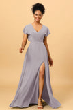 A Line V-Neck Ruched Chiffon Bridesmaid Dress with Slit