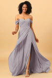 A Line Off the Shoulder Ruched Chiffon Bridesmaid Dress with Slit