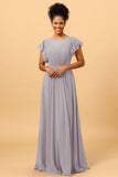 A Line Bateau Neck Ruched Long Chiffon Bridesmaid Dress with Ruffles