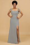 Sheath Spaghetti Straps Long Chiffon Bridesmaid Dress with Slit