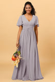 A Line V Neck Short Sleeves Chiffon Long Bridesmaid Dress