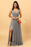 A Line V Neck Floor Length Chiffon Bridesmaid Dress With Slit