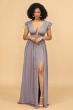 A Line Deep V-Neck Long Chiffon Bridesmaid Dress with Slit