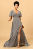 A Line V-Neck Long Chiffon Bridesmaid Dress with Slit