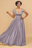 A Line Deep V-Neck Backless Floor Length Bridesmaid Dress