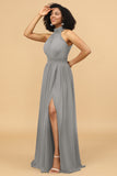 A Line Halter Ruched Floor Length Chiffon Bridesmaid Dress with Slit