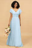 V-Neck Cape Long Floor Length Chiffon Bridesmaid Dress