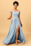 A Line Off the Shoulder Ruched Long Chiffon Bridesmaid Dress with Slit