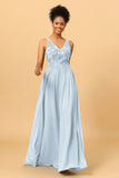 A Line V-Neck Long Chiffon Bridesmaid Dress with Lace