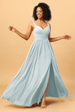 Spaghetti Straps Long Chiffon Bridesmaid Dress with Slit