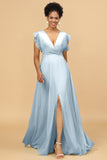 A Line V-Neck Floor Length Chiffon Bridesmaid Dress with Slit