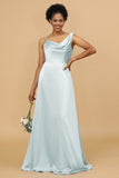 A Line Asymmetrical Neck Satin Floor Length Bridesmaid Dress