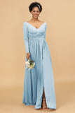 A Line V-Neck Long Sleeves Chiffon Bridesmaid Dress with Slit