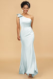 Mermaid One Shoulder Satin Long Bridesmaid Dress With Bowknot