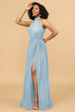 A Line Halter Ruched Floor Length Chiffon Bridesmaid Dress with Slit