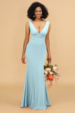 Mermaid V-neck Open Back Long Chiffon Bridesmaid Dress With Ruffles