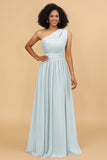 A Line One Shoulder Long Chiffon Bridesmaids Dress with Ruffles