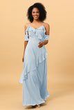 A Line Spaghetti Straps Long Chiffon Bridesmaid Dress with Ruffles