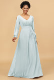 Long Sleeves V-Neck Chiffon Bridesmaid Dress with Bowknot