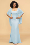 Mermaid Square Neck Long Chiffon Bridesmaid Dress with Cape